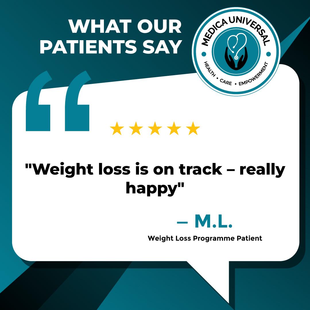 M.L. — "Weight loss is on track — really happy" — Medica Universal patient testimonial