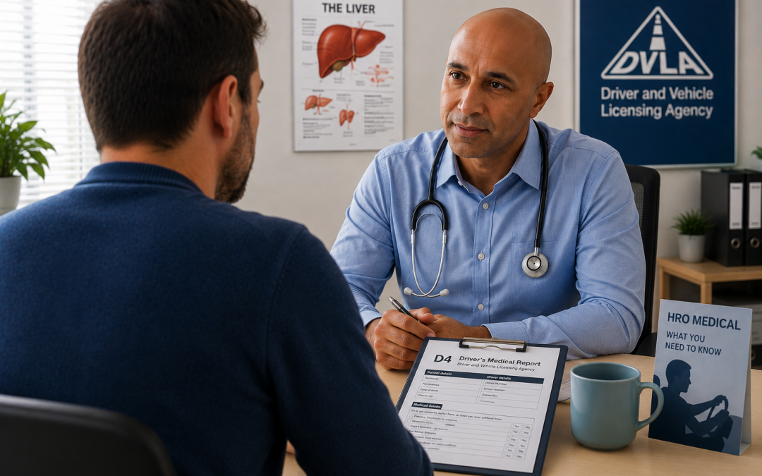 GP reviewing a DVLA D4 driver's medical report with a patient during an HRO medical assessment