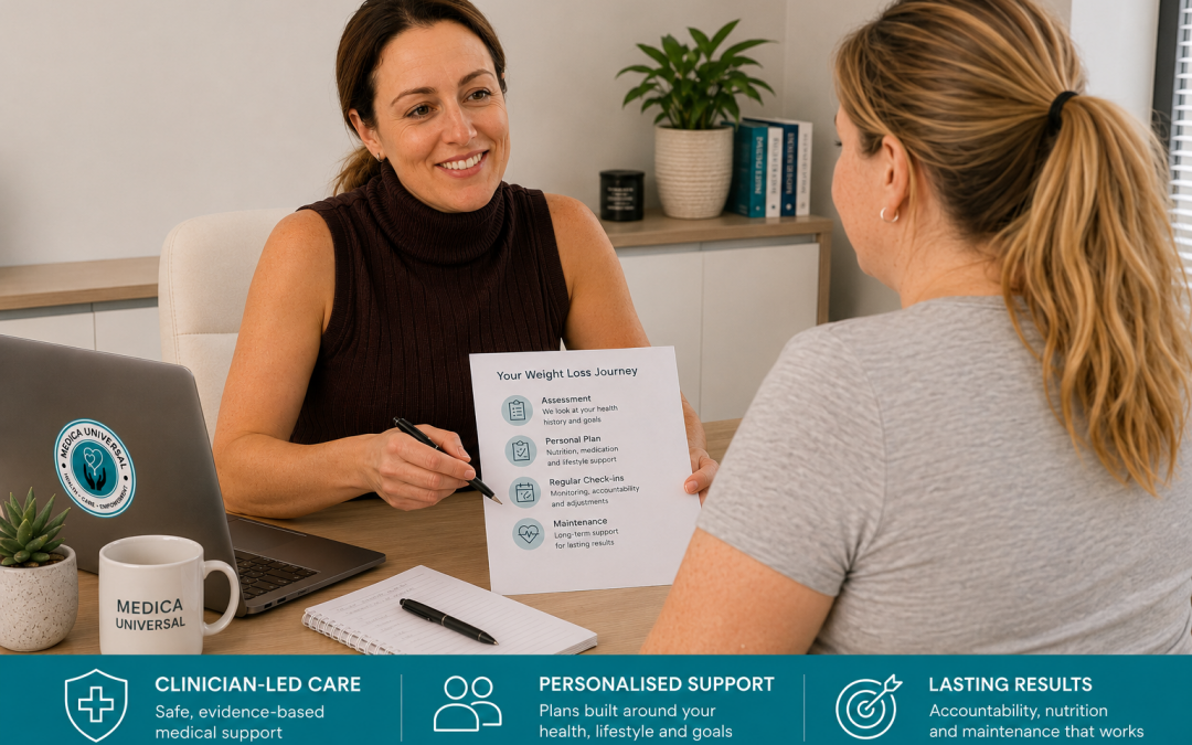 Patient discussing weight loss progress with a clinician during a Mounjaro treatment review