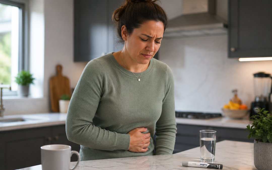 Woman experiencing mild nausea, a common GLP-1 side effect during weight loss treatment